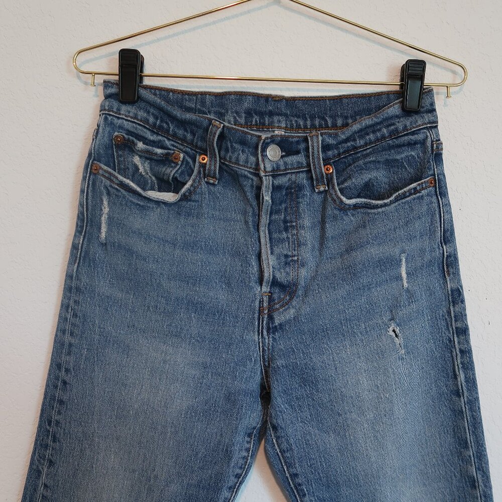 Levi's Vintage Red Tab Light Wash Distressed Straight Jeans, Size 27 Button Fly - Picture 3 of 8